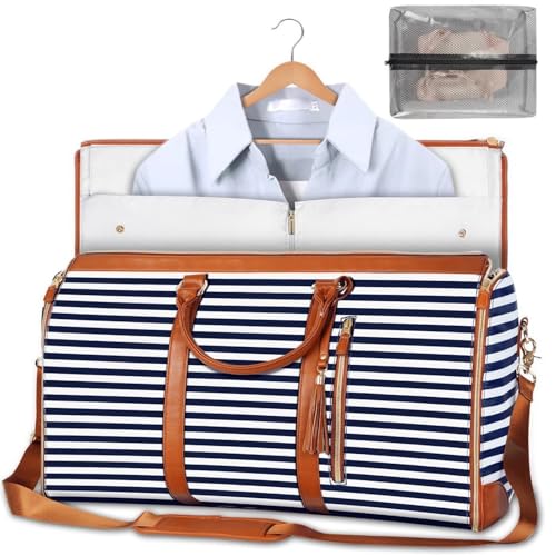 Carry-On Garment Duffel Bag – Convertible Garment Travel Suit Bag, Wrinkle-Free Weekender Bag for Men & Women, Hanging Suit Carrier with Luggage (Brown/Black Stripes)