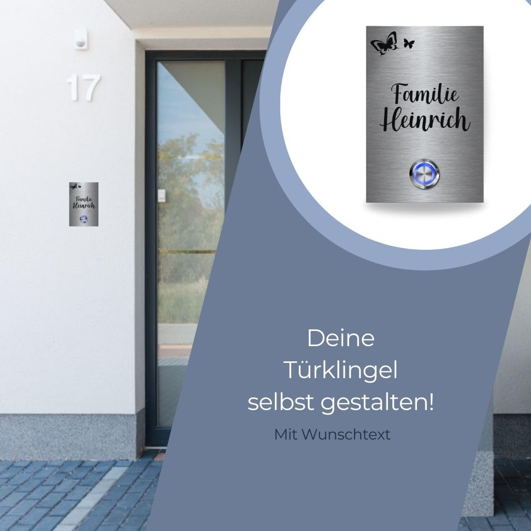 CHRISCK design - Edelstahl Türklingel Heinrich 8x12 cm rechteckig mit einem Klingel-Taster - personalisierte Gravur und verschiedene Motive | wetterfestes Klingelschild aus robustem Edelstahl