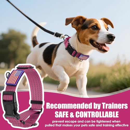 Image of Martingale Dog Collar Reflective with USA Flag Patch, M,Hot Pink | Escape Proof without choking,Adjustable Limited Slip Collar with Quick Release Buckle, Nylon Walking Collar for S M L Dogs