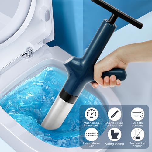 WhSunVo Toilet Plunger Kit High Pressure Air Toilet Plunger with Real-Time Barometer Stainless Steel Drain Clog Remover Powerful Sink Plunger Plumbing Tools for Toilets Floor Drain Kitchen Sink