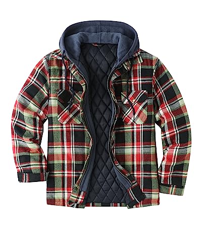 Image of ZENTHACE Men's Quilted Lined Hooded Plaid Jacket,Zipper & Snap Closure