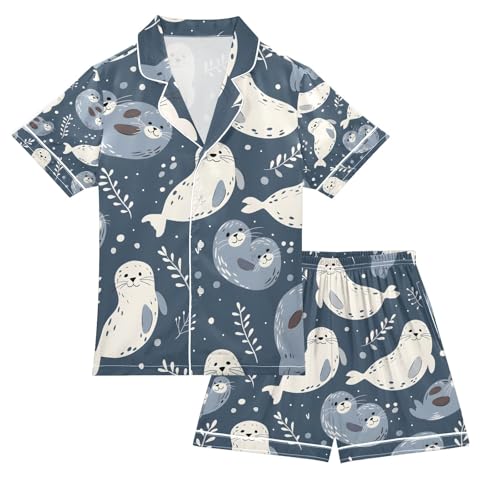 senya Seal and Grass Satin Summer Pajama Sets Silk Short Sleeve Button Down Sleepwear