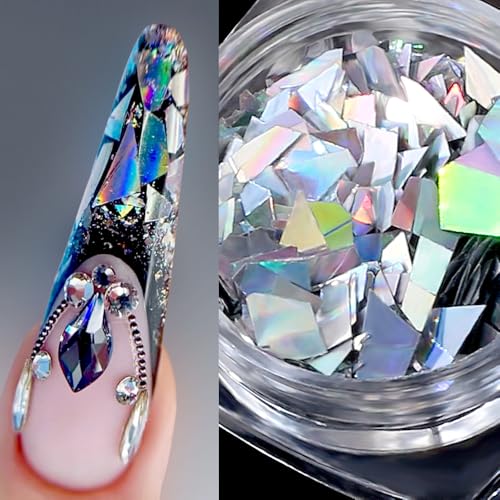 Aurora Laser Silver Glitter for Nails Sparkly Irregular Chunky Glitter Sequin Nail Charms for Nails Design Nail Glitter Flakes Holographic Iridescent Glitter Nail Sequins for Crafts Nail Art Supplies