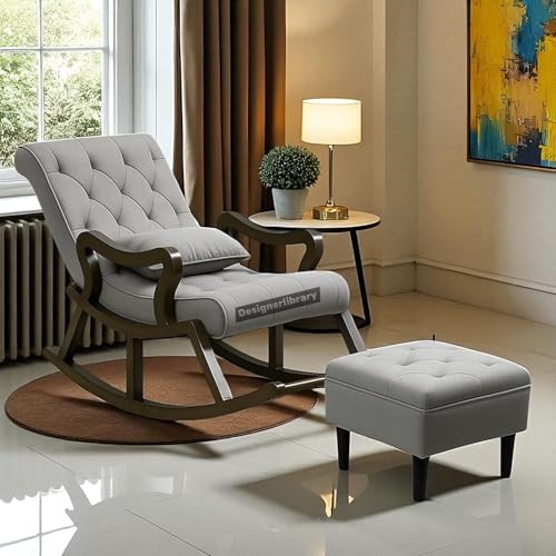 Image of Wood Modern Ergonomic Rocking Chair Including with Cushain Footrest for Relaxing | Rolling Chair for Living Room (Lite Grey)