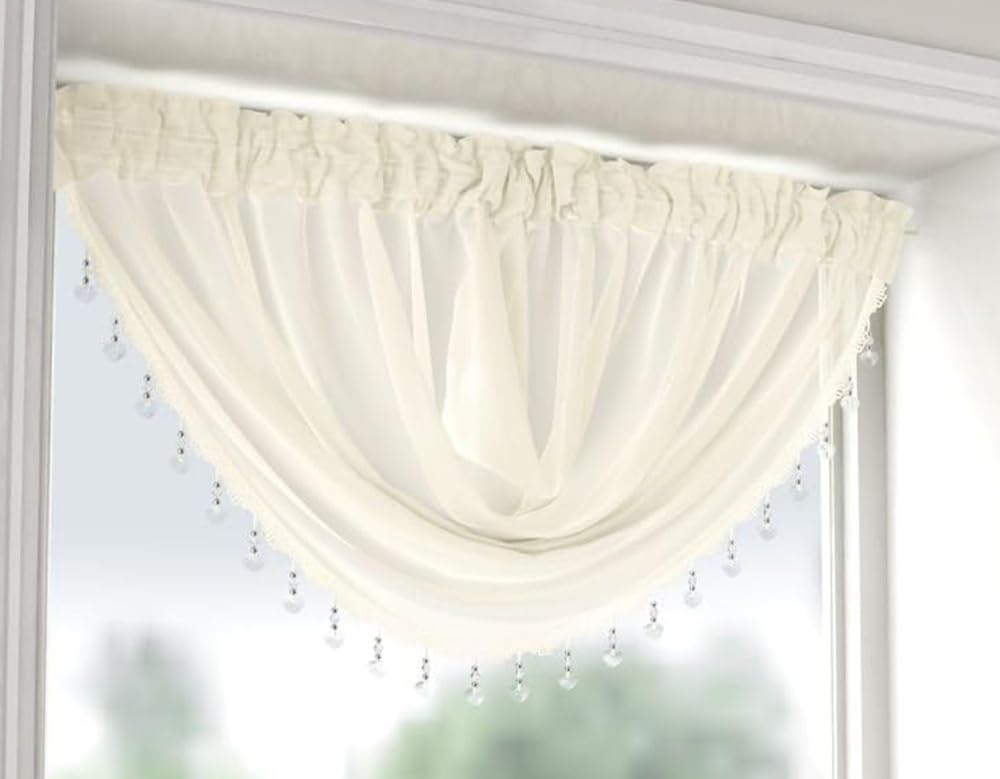 Maple Textiles Cream Beaded Hearts Voile Curtain Swag, Slot Top Design, Available In White, Black, Grey, Red, Teal Colours (Cream)