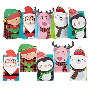 Sunolga 20 Pack Christmas Die-Cut Flip Over Gift Bags Xmas Paper Treat Bags Holiday Treat Goodie Bags 8.2×5.1×3.1 Inches…