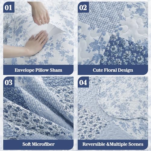 image for KASENTEX Queen Quilt Set Blue Patchwork Coverlet,Floral Bedspread (90