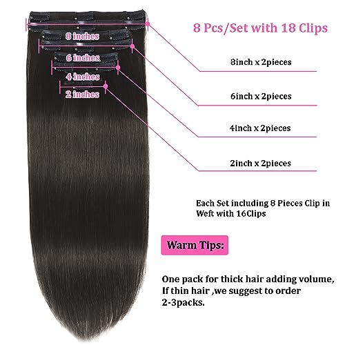Clip in Hair Extensions Real Human Hair Clip in Extensions Black Women Remy Invisible Natural Straight Seamless 8pcs Double Weft #1B 16 Inch 2.8oz/80g