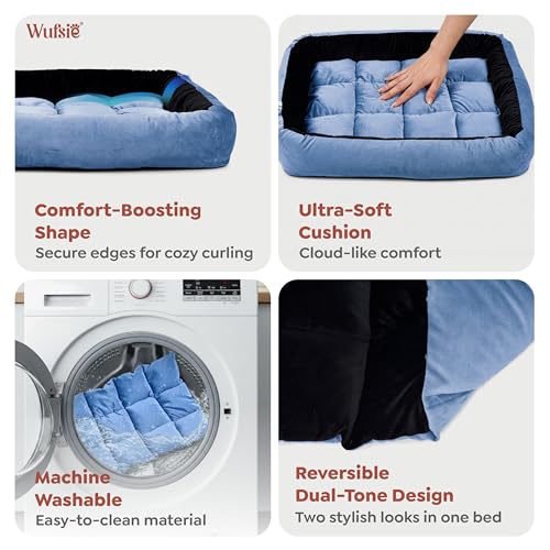 Image of Reversible Rectangle Dog Bed | Small 50 X 65 Cm Pet Bed for Puppies and Cats | Premium Velvet, Washable Fabric | Soft Sofa-Style Bed for Dog with Thick 15 Cm Insert | Black & Sky Blue