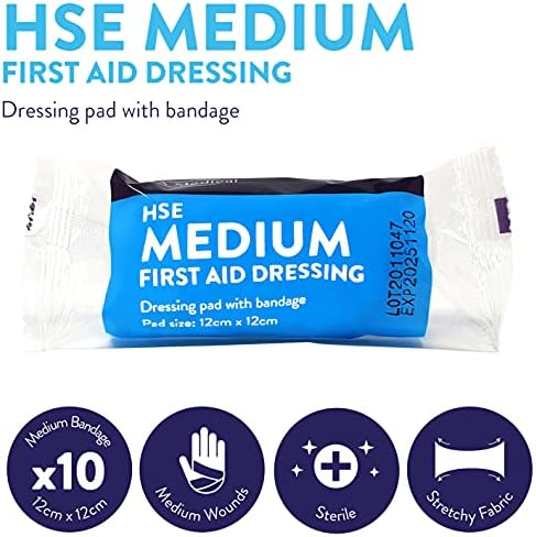 JFA Medical HSE Medium Sterile First Aid Wound Dressing Bandage with Pad 12 x 12cm - Pack of 10 Bandages