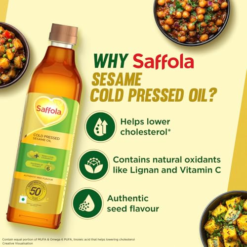 Image of Saffola Cold Pressed Sesame Oil | 100% Cold Pressed Sesame Seed Oil | Unrefined, 0 trans fat, Chemical free | Helps Lower Cholesterol, Goodness of Omega 6 & Authentic Seed Flavour | 1L Pet Bottle