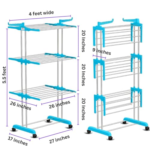Image of Premium 3 Layer Clothes Drying Stand with Wheels | Foldable Wings | Double Pole Alloy Steel Rack | 360 Rotatable Hanger Rods | Portable Balcony Laundry Dryer Space Saving | 43.2D x 78.7W x 165H cm