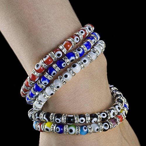 JEWELRIESHOP Turkish Evil Eye Bracelet Murano Glass Beads Beaded Clear Crystal Spacer Bracelet for Women (6-8mm, Blue Red Black White Mix Color Eye Beads)3
