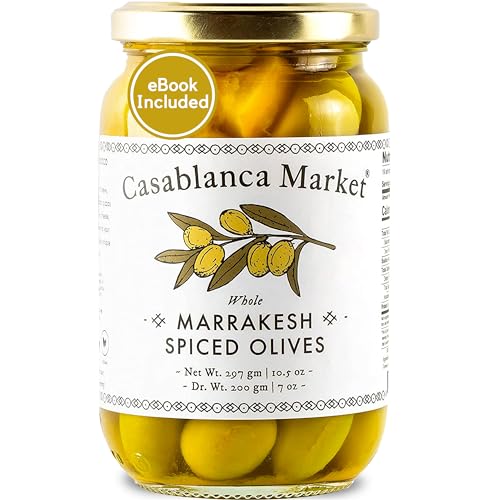 Casablanca Market Marrakesh Spiced Olives – Moroccan Colossal Green Olives – Olives Whole with Pits from Morocco - Green Olives without Pimento – Moroccan Martini Olives Gourmet Olives (10.5oz)