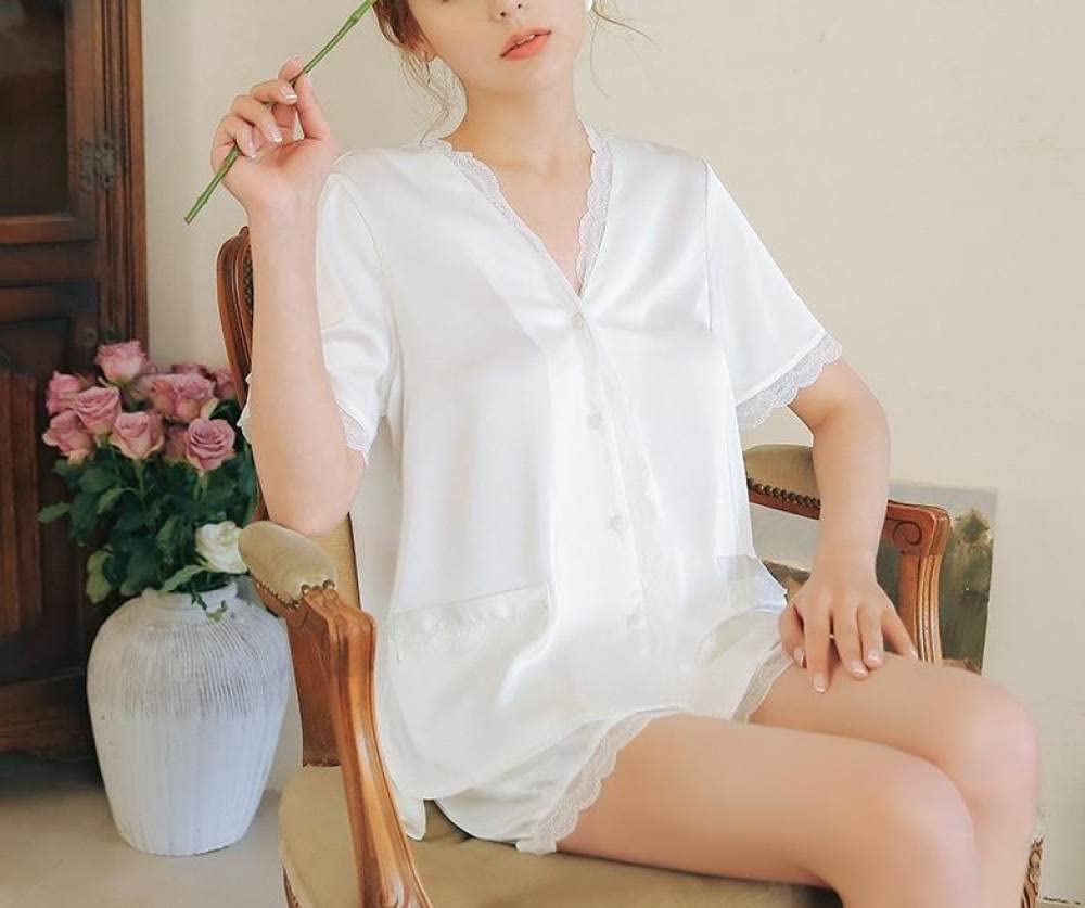 Pigiama Da Donna In Due Pezzi,Vestiti Estivi Da Donna, Set Pigiama Sexy In Seta Di Ghiaccio, Pizzo Largo Scollo A V Bianco Manica Corta E Pantaloncini Pigiama A Due Pezzi, Regalo Pigiama Per Donna,S
