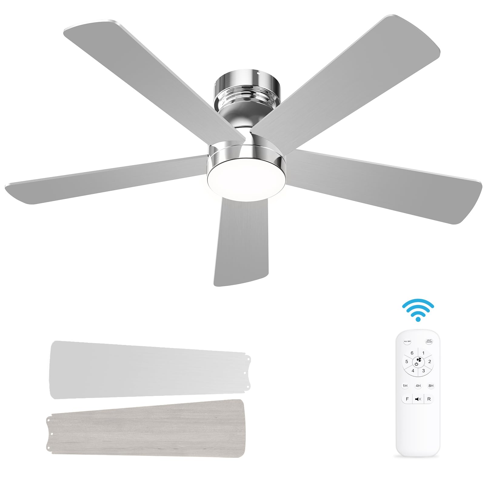 Ceiling Fans with Lights, 48 inch Low Profile Ceiling Fan with Light and Remote Control, Flush Mount, Reversible, 3CCT, Noiseless, 5 Blades Modern Ceiling Fan for Bedroom Living Room (Nickel)
