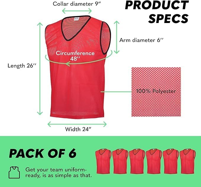 Image of GSi Sports Pinnies - Packs of 6 or 12 - Free Size - Mesh Training Vests for Soccer, Basketball - 6 Color Options