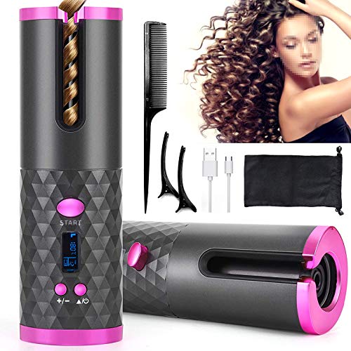 Hair Curler Automatic Cordless Curling Iron Wireless Hair Curler with LCD Temperature Display and Timer, Portable Rechargeable Ceramic Automatic Hair Curler Wand Fast Heating Hair Curler (Black)