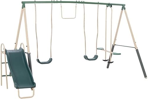 XDP Recreation Central Park - Juego de columpios, capacidad para 6 niños, juego de patio trasero con tobogán, trapecio, planeador divertido y 2