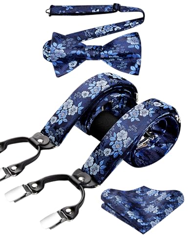 Image of HISDERN Suspenders for Men Paisley Floral Bow tie Suspender Pocket Square Sets Adjustable Y Shape 6 Clips Wedding Braces