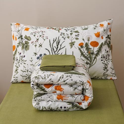 Image of CLOTHKNOW 4Pieces Green White Floral Toddler Bedding Sets for Girls's Room | Boho Comforter Sets, Green Yellow Leaves Pattern on White, Soft Crib Bed Set