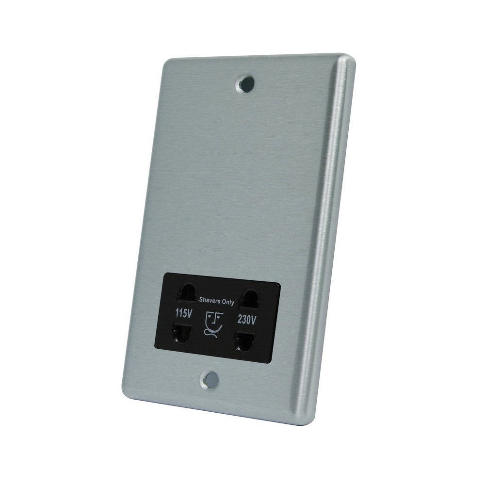 AET CSCSHABL 115/230 V 2-Gang Satin Finish Chrome Classical Shaver Socket with Black Insert