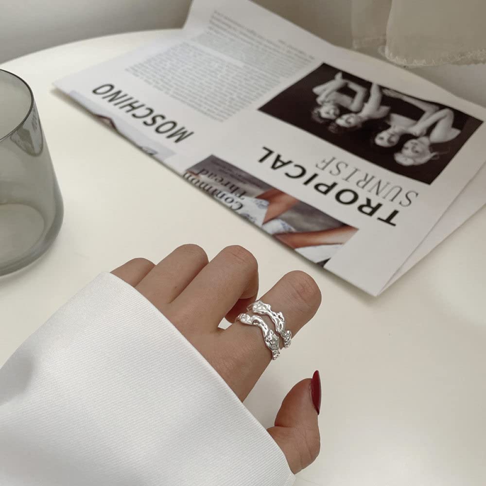 Anello In Argento 925 Da Donna,S925 Sterling Silver Fold Texture Anello Anelli Regolabili Doppio Strato Anello Aperto Argento Thumb Ring Eternity Ring Fascino Di Nozze Gioielli Regali Per Uomini Rag