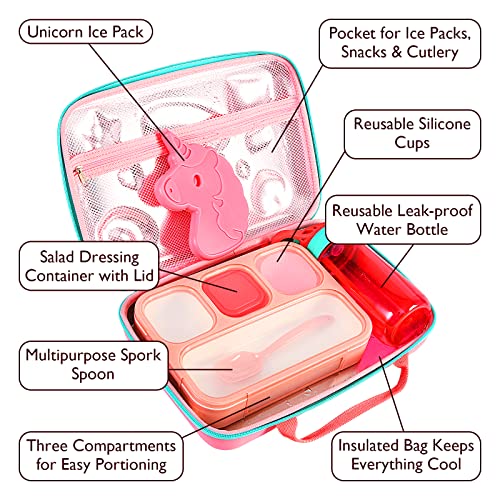 Insulated Lunch Box Kids Lunch Bag Set, Girls Lunchbox With 4 Compartment Bento Box Freezable Ice Pack Water Bottle Silicon Cap Salad Container, Toddler School Supplies Lunch Kit (Pink Unicorn) #TOP1