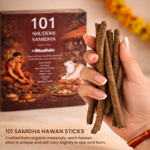Image of Ritualistic Shuddhi Hawan Samidha Sticks - Ritual Pack (101 Units) | Gaushala Sourced with Panchgavya, Chandan, Peepal & Aam Ki Lakdi | Pure Natural Havan Samidha for Daily Puja, Yagya & Agnihotra