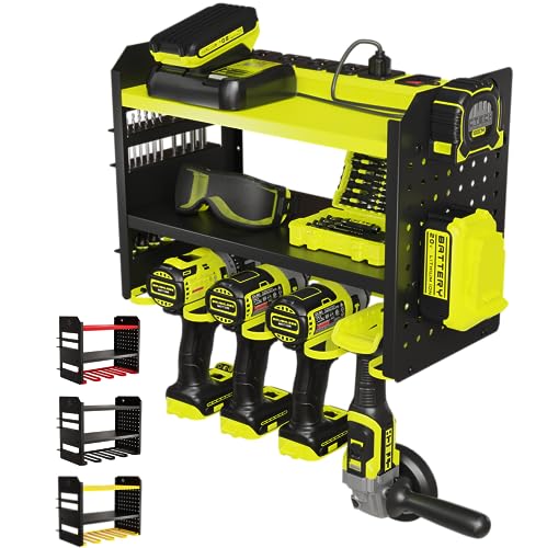 BUILTSTRONG-Power-Tool-Organizer-Wall-Mount--3-Tier-Heavy-Duty-Steel-Rack-4-Drill-Slots-Pegboard-Utility-Side-100-lb-Capacity--Garage-Workshop-Shed-Storage-Green BUILTSTRONG Power Tool Organizer Wall Mount – 3-Tier Heavy-Duty Steel Rack, 4 Drill Slots, Pegboard + Utility Side, 100 lb Capacity – Garage, Workshop & Shed Storage (Green) - Image 1