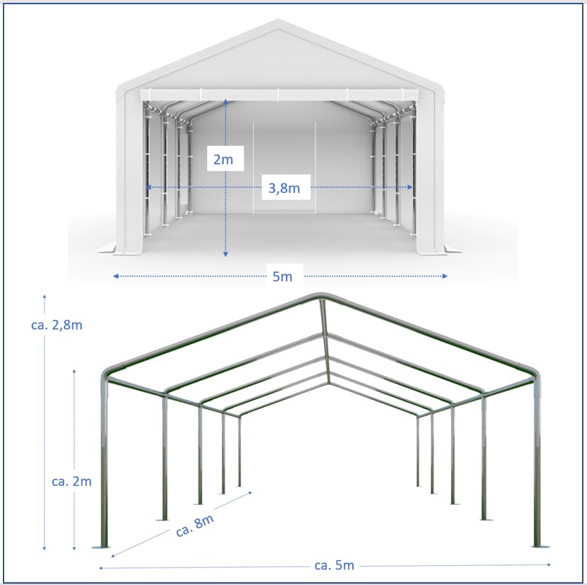 Magna One 5x8 m Lagerzelt PE 240g/m² – wasserdichtes Zelt mit verzinktem Stahlgestänge, 2 m Seitenhöhe, Reißverschlusseingang beidseitig, modulare Seitenteile, Zeltgarage Industrie Garten