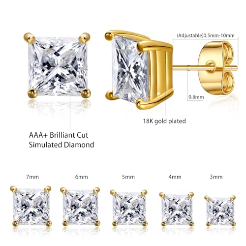 Gemsme 5 Pairs Princess Cut Cubic Zirconia Stud Earrings for Women/Men - 18K Gold Plated Hypoallergenic 3-7mm Square Clear CZ Earring Set2