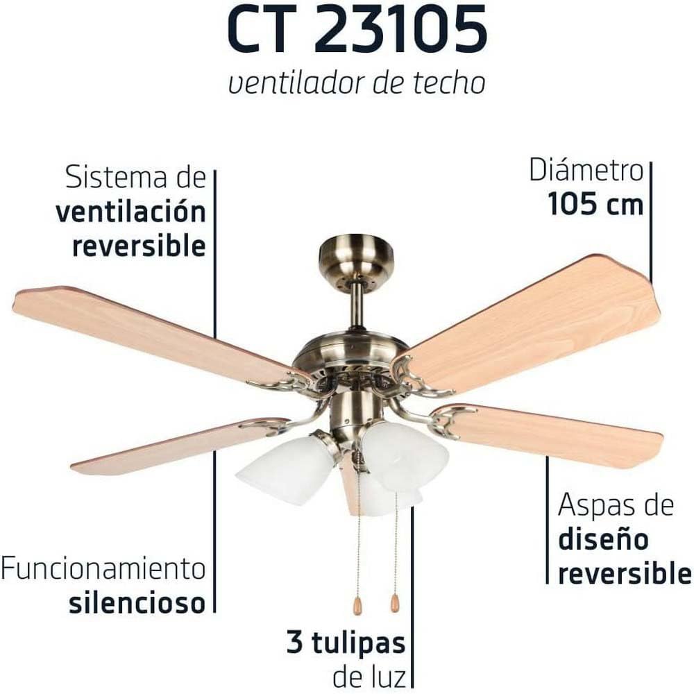 Orbegozo CT 23105 - Ventilador de techo con luz, 5 palas reversibles, diámetro 105 cm, potencia de 55 W y 3 velocidades