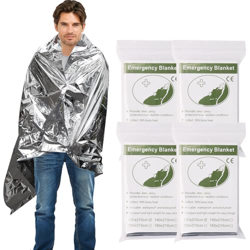 4 Pack Emergency Blanket, Premium Mylar Bankets, Thermal Blanket for Camping, Space Blankets Survival, Foil Blankets for Warmth, Heat Reflective Blanket for Outdoors, Hiking, Marathons, First Aid