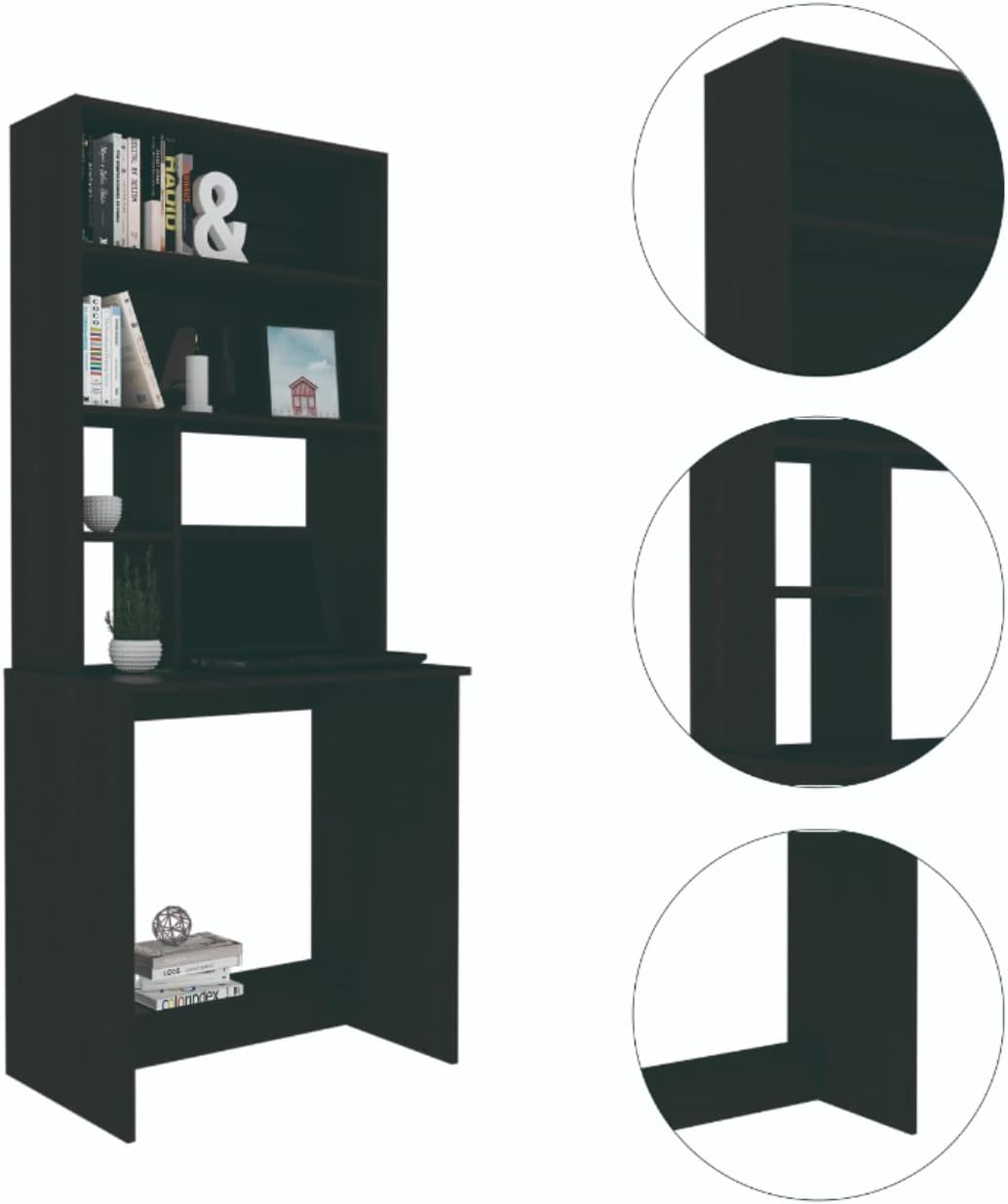 Xalo Computer Hutch Desk, Lower Shelf, 4 Shelves, Black