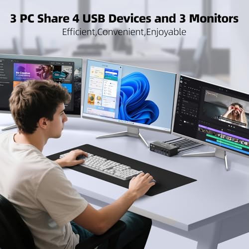 Image of HDMI Dispalyport KVM Switch 3 Monitors 3 Computers 8K@60Hz 4K@144Hz, USB3.0 KVM Switches Triple Monitor for 3 PC Share 3 Screens and 4 SUB3.0 Ports, Support Extended /Mirror Mode, with Wired Controller