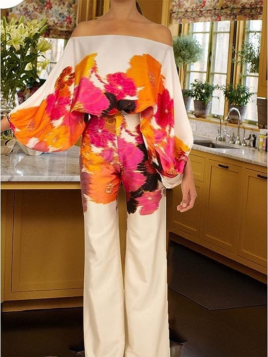 Womens Fall Loose 2 Piece Outfits Off Shoulder Printed Long Sleeve Casual Going Out Wide Leg Pants Set - Image 3