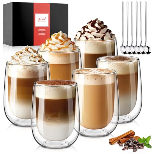 glastal 350ml Doppelwandige Latte Macchiato Gläser Set Borosilikatglas Kaffeetassen Glas 6er Set Kaffeeglas Teegläser für Cappuccino,Latte,Tee,EIS,Eistee,Iced Americano,Milch,Saft,Bier