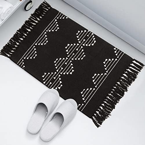 AGELMAT Black and White Bathroom Rugs 2' x 3' Boho Bath Mat Hand Woven Tassel Cotton Rug Small Washable Moroccan Carpet Indoor Outdoor Bohemian Farmhouse Area Rug for Entry Kitchen Bedroom