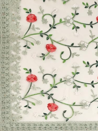 Jaanvi fashion Damen Netzsari mit Blumenstickerei und ungenähtem Blusenteil, lichtgrün, One size