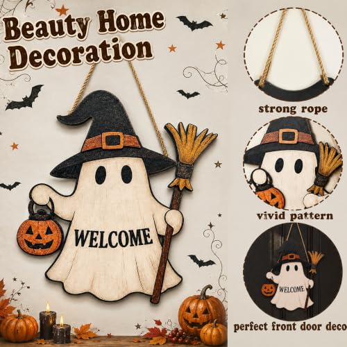 Image of Halloween Decorations - Halloween Wooden Ghost Welcome Sign for Front Door