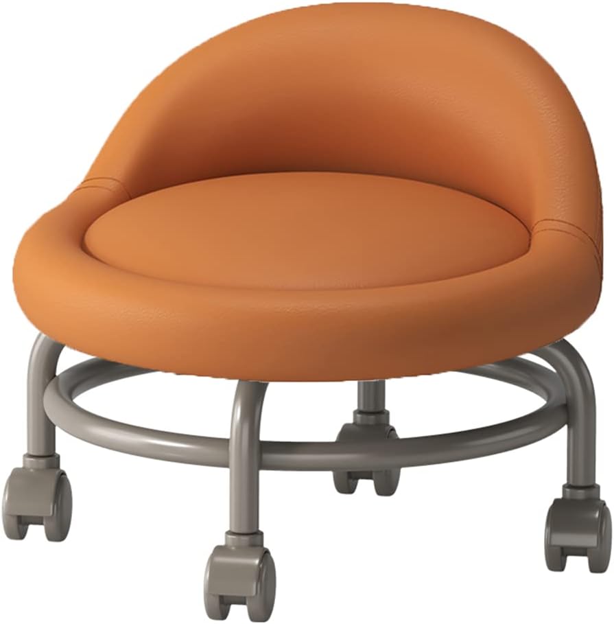 Ergonomic Low Rolling Stool with Backrest & Wheels, PU Leather Ottoman Footstool, Swivel Seat Short Rolling Stool, Orange Caster Rolling Chairs for Home & Office