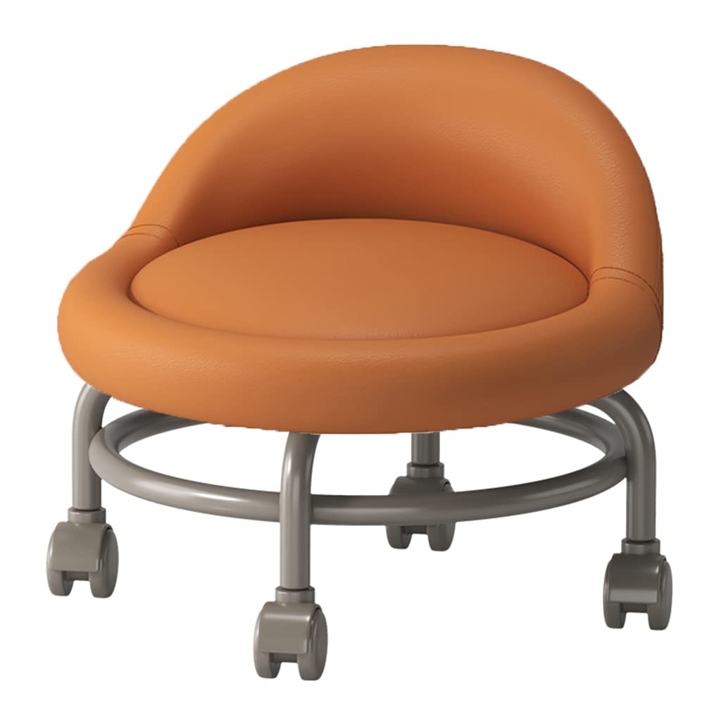 LMMIAOZ Rolling Stool with Back Support Short Ottoman Footstool with Swivel Caster Wheels and PU Leather Seat for Office and Home Use Orange