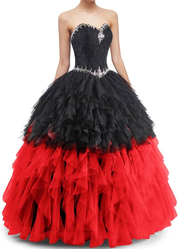 Women's Strapless Ball Gown, Black and Multicolored Tulle, Layered Ruffles, Crystal Embellished, Floor Length