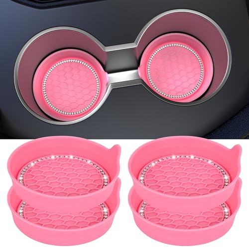 Image of Amooca Car Cup Coaster Universal Non-Slip Cup Holders Bling Crystal Rhinestone Car Interior Accessories 4 Pack Peach Pink