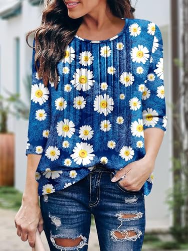 KISSMODA Tunic Tops for Women Loose Fit Dressy Round Neck Pleated 3/4 Length Sleeve Spring Tops