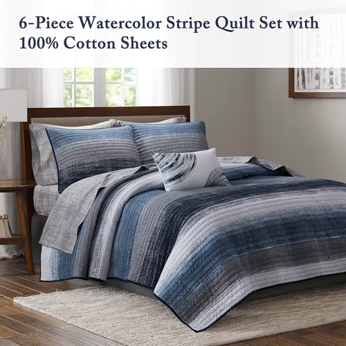 Madison Park Essentials Saben Cozy Bed in A Bag Reversible Quilt with Complete Cotton Sheet Set-Geometric Design All Season Cover, Decorative Pillow, Twin(68"x86"), Stripes Navy 6 Piece by Madison Park - Used condition - Image 2