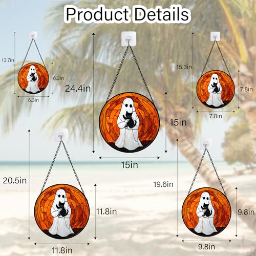 Image of Stained Glass Window Hanging - Halloween Cute White Ghost Black Cat Suncatcher for Doors Garden Home Spooky Orange Sun Catchers Gothic Decor Horror Gift for Women Men Friend Boy Girl 11.8 in