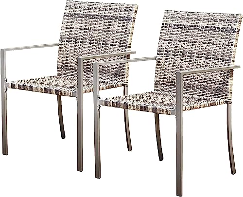 Mxfurhawa Patio Dining Chairs Set Of 2 Outdoor Quick Dry Outdoor Arm Chairs Pe Stackable Wicker Chairs For Lawn Backyard & Garden All-Weather Resistant, Grey #TOP7