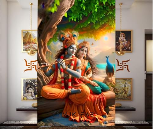 Image of 3D Digital God Print Curtains Poojaroom 5 feet Set of 1 Window Curtain for Temple /Home Mandir /Puja ghar, 5 ft parde